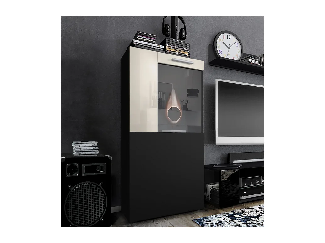 Vitrine de cinéma, noir mat/crème haute brillance - Vitrine moderne en verre - (LxHxP) : 50,5 x 111 x 32,5 cm