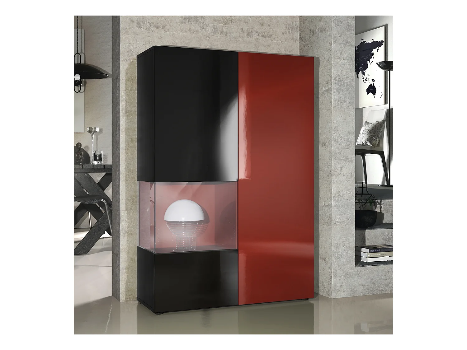Vitrine Armoire Morena, Corps en Noir mat / Porte droite et insert en Bordeaux haute brillance