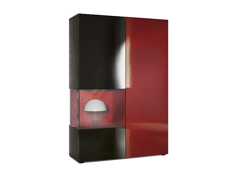 Vitrine Armoire Morena, Corps en Noir mat / Porte droite et insert en Bordeaux haute brillance