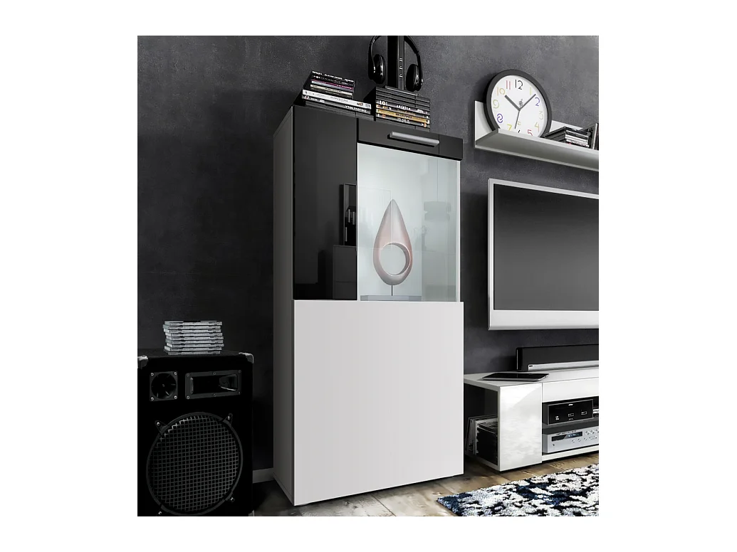 Vitrine de cinéma, blanc mat/noir haute brillance - Vitrine moderne en verre - (LxHxP) : 50,5 x 111 x 32,5 cm