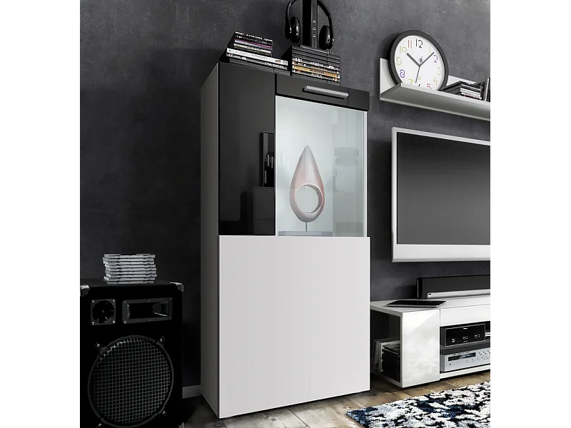 Vitrine de cinéma, blanc mat/noir haute brillance - Vitrine moderne en verre - (LxHxP) : 50,5 x 111 x 32,5 cm