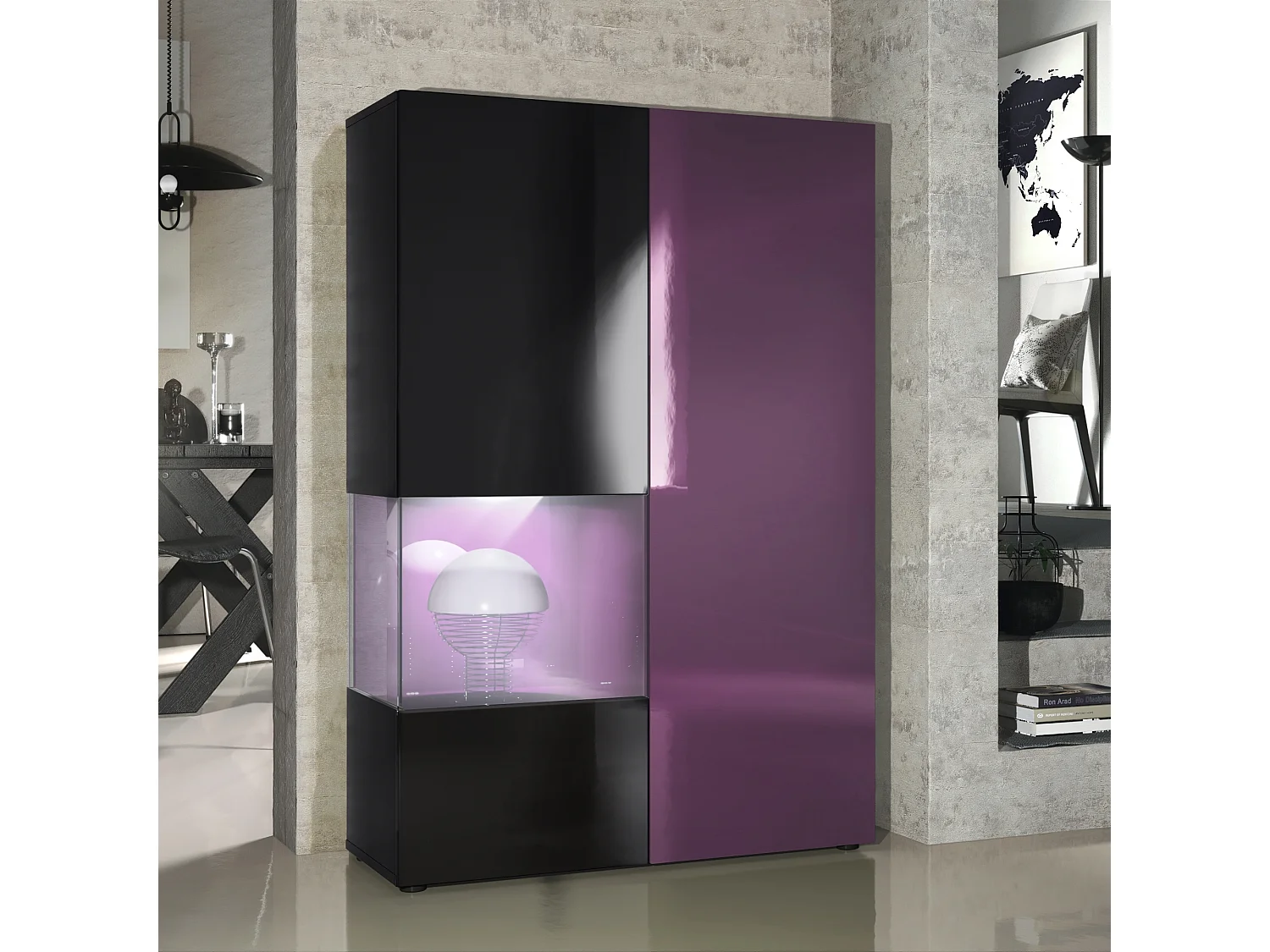 Vitrine Armoire Morena, Corps en Noir mat / Porte droite et insert en Mûre haute brillance avec éclairage LED