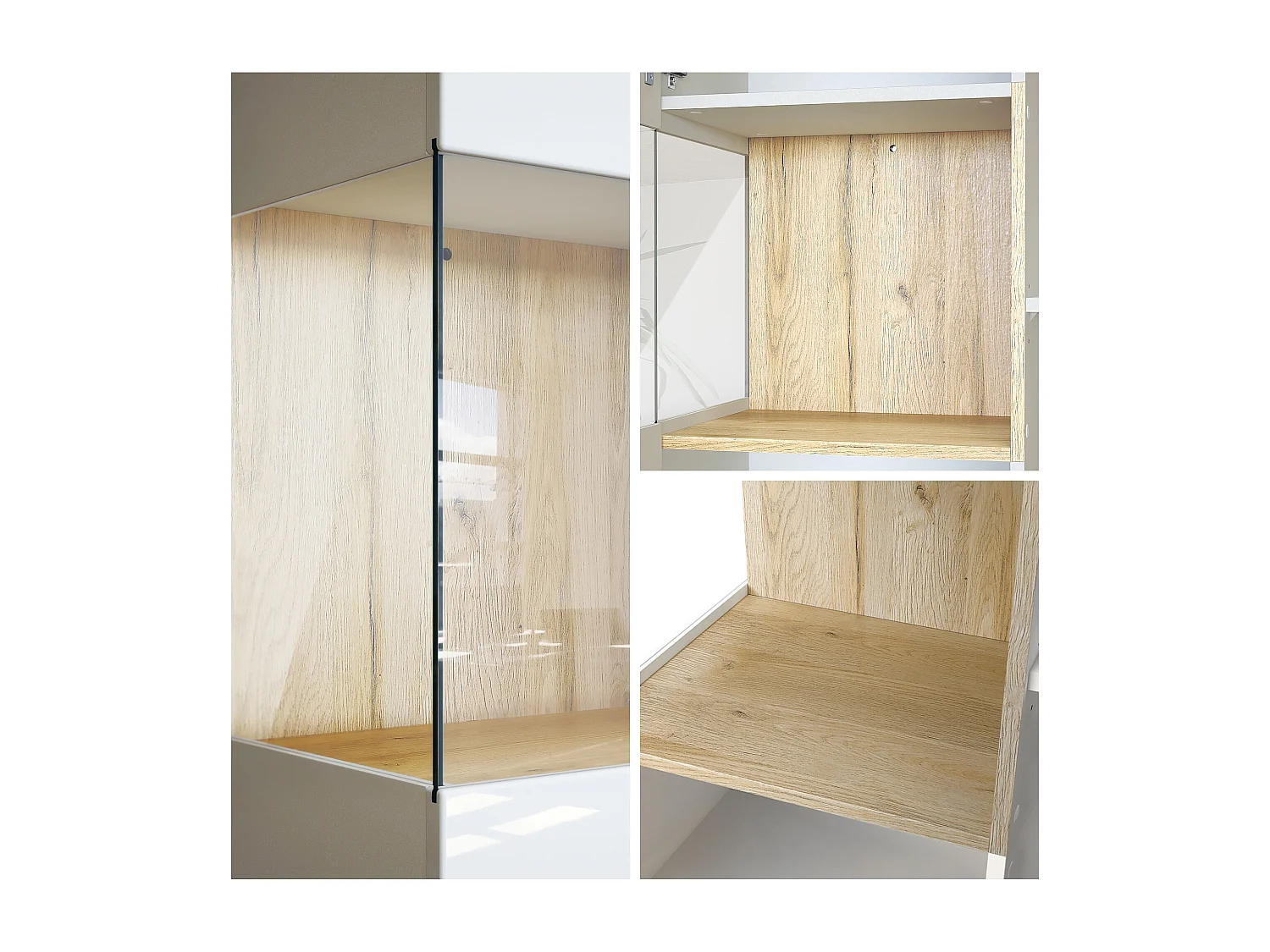 Vitrine Armoire Morena, Corps en Noir mat / Porte droite et insert en Mûre haute brillance avec éclairage LED