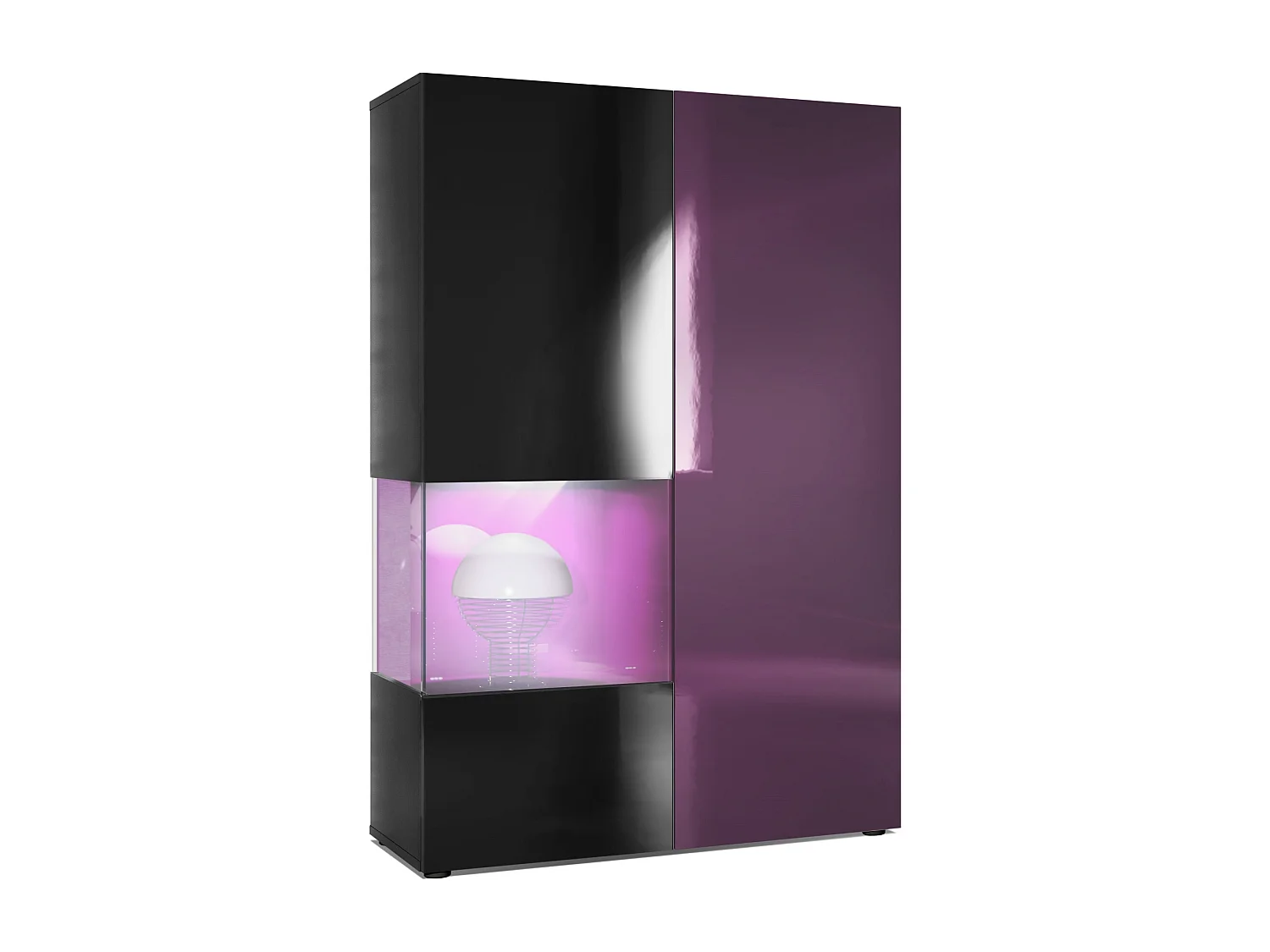 Armadio espositivo alto Morena, struttura in nero opaco / anta destra e inserto in violetto-porpora con illuminazione a LED