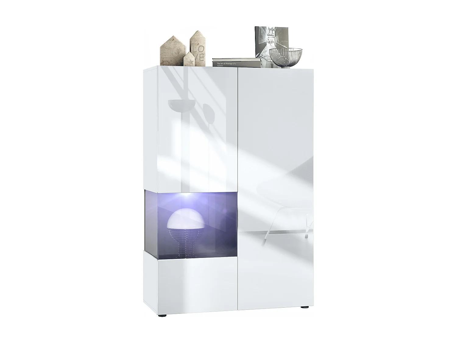 Vitrine Morena V2, vitrine sur pied avec 2 portes et insert en verre, corps blanc mat, façades blanc haute brillance, Cube noir mat avec éclairage LED blanc
