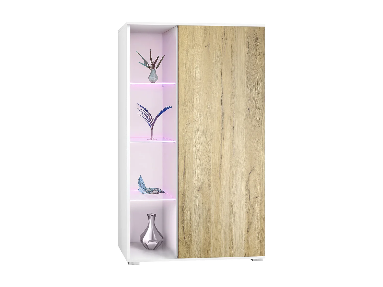 Vitrina Davos, vitrina independiente con 3 estantes de cristal y 8 compartimentos incl. LED, blanco mate/roble natural  (71,5 x 134 x 35 cm)