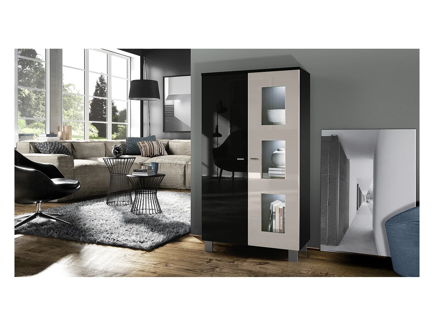 Vitrine de salon Denjo, Vitrine sur pied avec 2 portes et 3 vitres, Noir mat/Noir brillant/Gris sable brillant, éclairage LED inclus (71 x 129 x 35 cm)