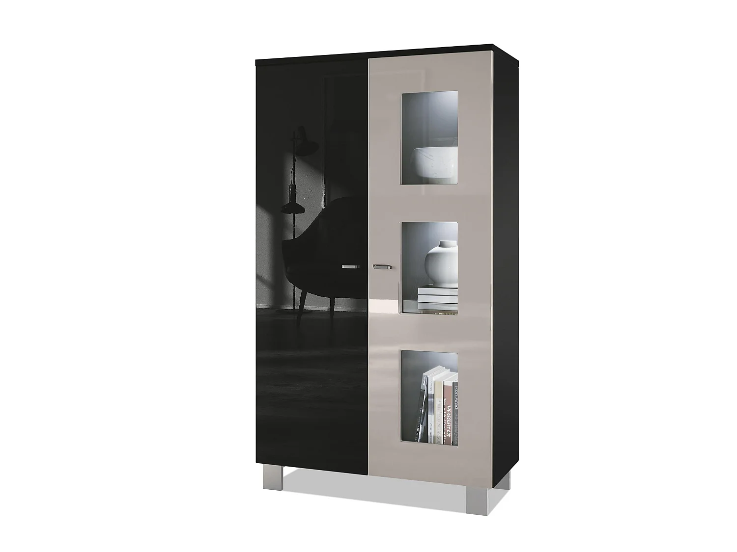 Vetrina  Denjo, vetrina indipendente con 2 ante e 3 pannelli in vetro, nero opaco/nero lucido/grigio sabbia lucido, illuminazione a LED inclusa.