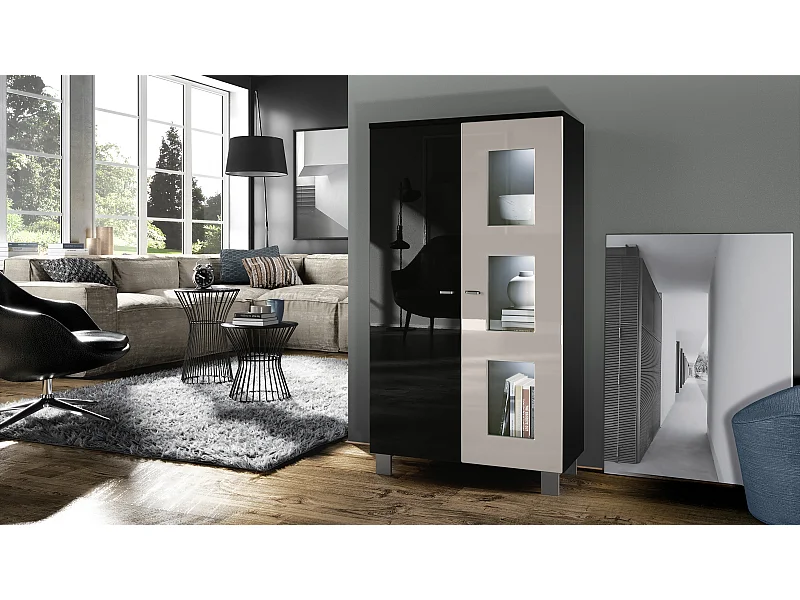 Vitrine de salon Denjo, Vitrine sur pied avec 2 portes et 3 vitres, Noir mat/Noir brillant/Gris sable brillant, éclairage LED inclus (71 x 129 x 35 cm)