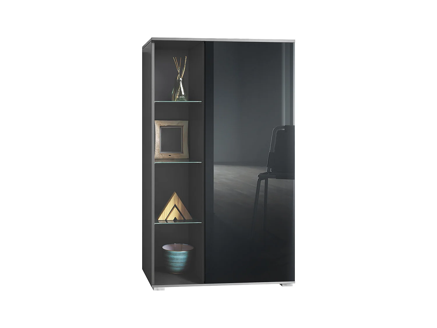 Vitrine Davos, vitrine sur pied avec 3 étagères en verre et 8 compartiments, anthracite mat/noir haute brillance  (71,5 x 134 x 35 cm)