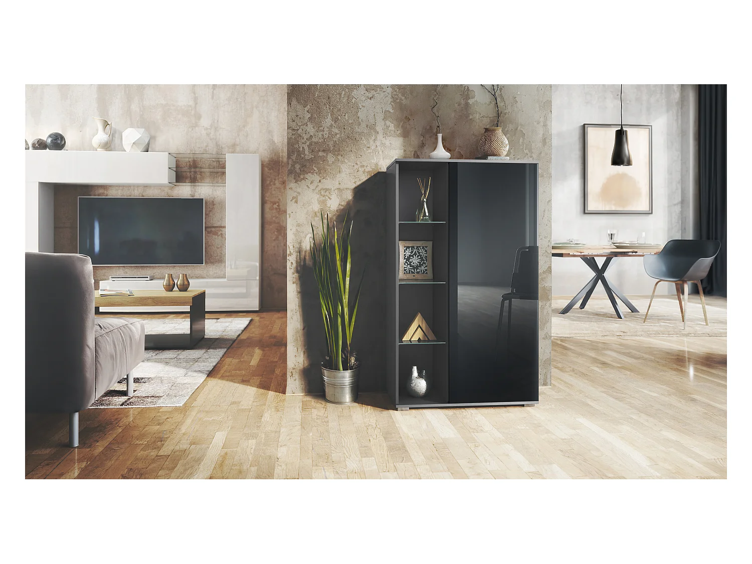 Vitrine Davos, vitrine sur pied avec 3 étagères en verre et 8 compartiments, anthracite mat/noir haute brillance  (71,5 x 134 x 35 cm)