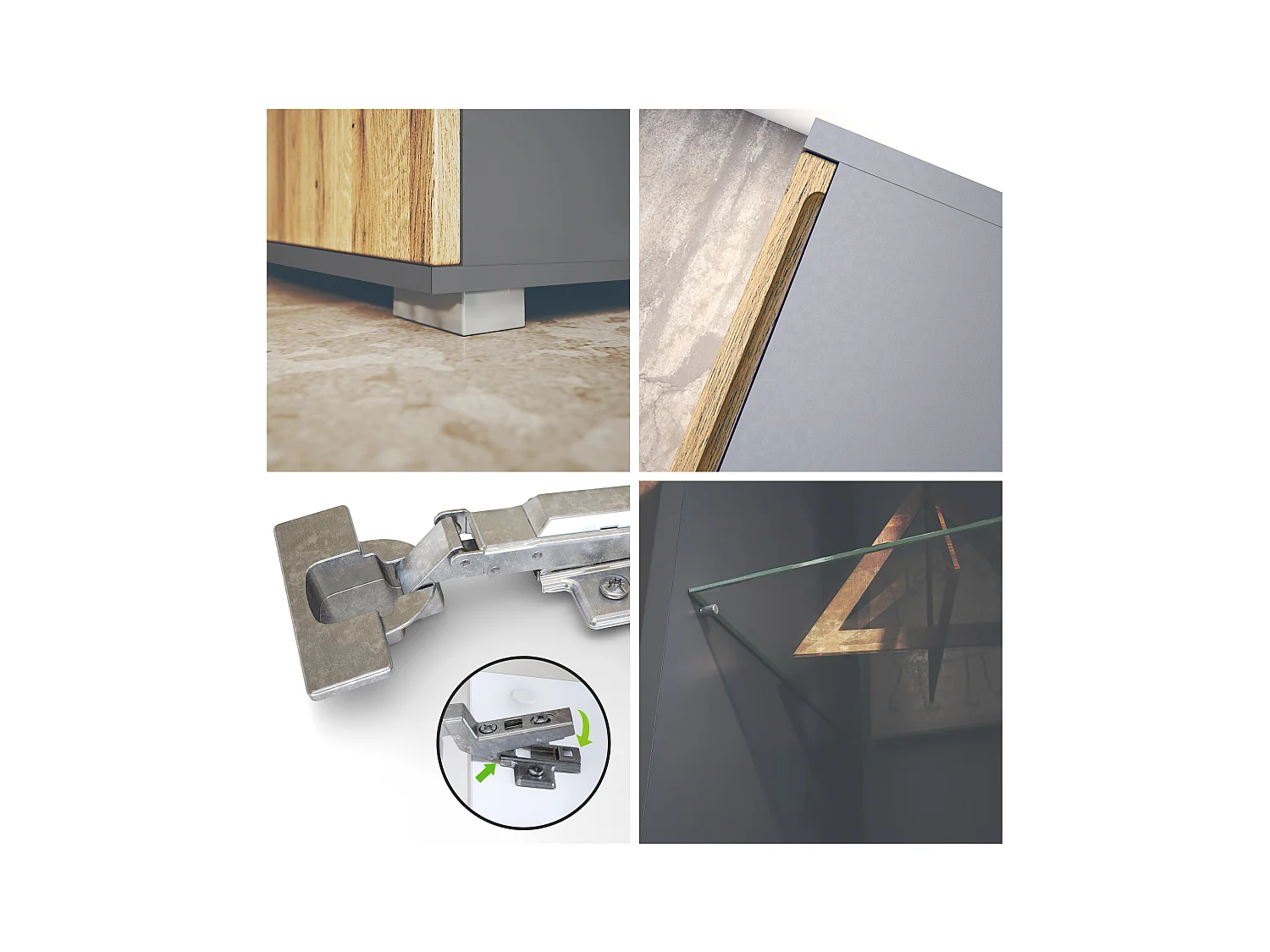 Vitrine Davos, vitrine sur pied avec 3 étagères en verre et 8 compartiments, anthracite mat/noir haute brillance  (71,5 x 134 x 35 cm)