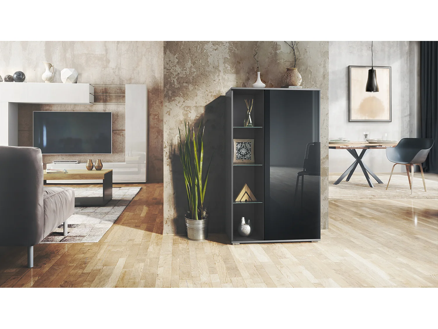 Vetrina Davos, vetrina indipendente con 3 ripiani in vetro e 8 vani, antracite opaco /nero lucido  (71,5 x 134 x 35 cm)