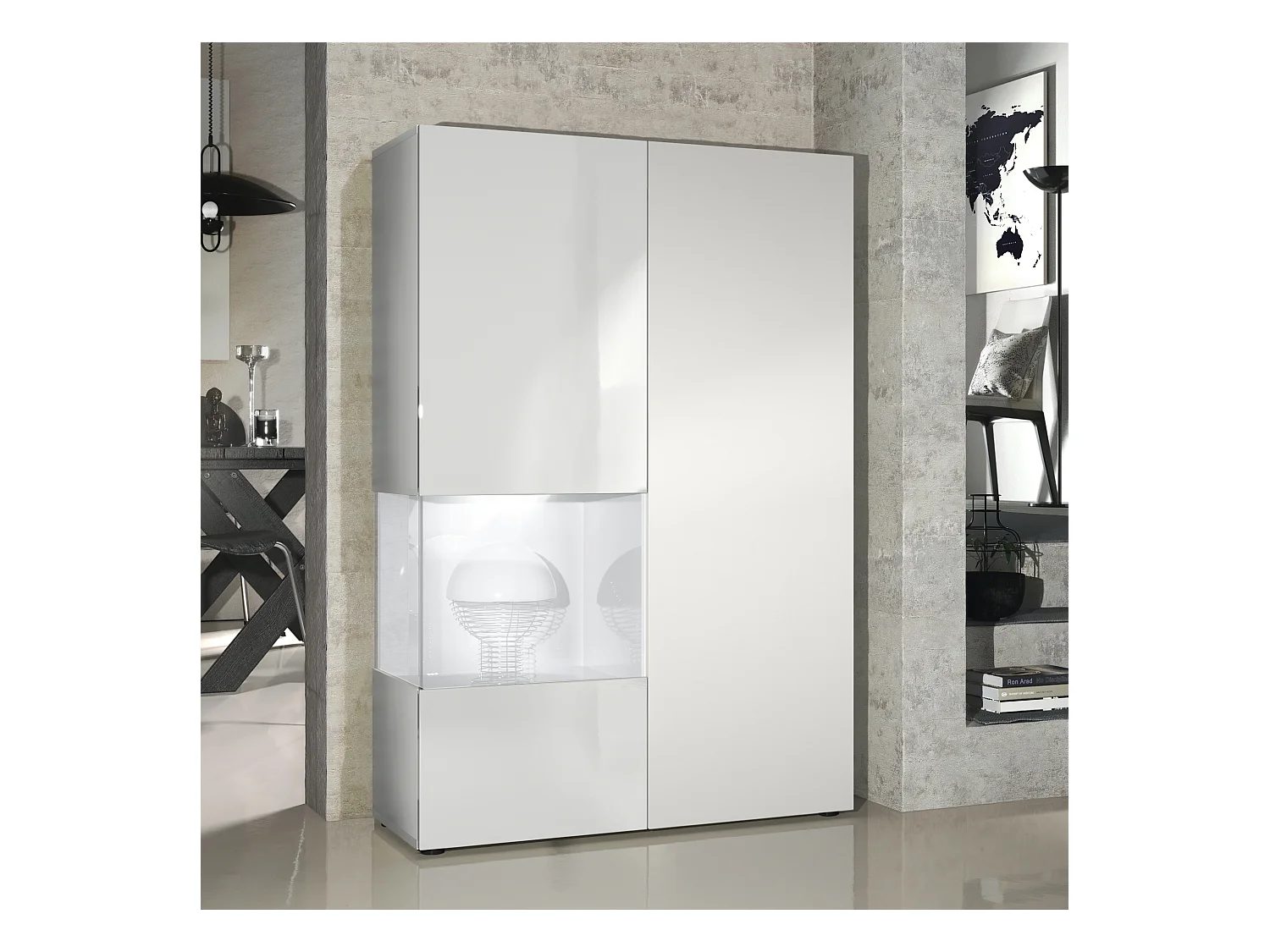 Vitrine Armoire Morena, Corps en Blanc mat / Porte droite et insert en Blanc mat avec éclairage LED