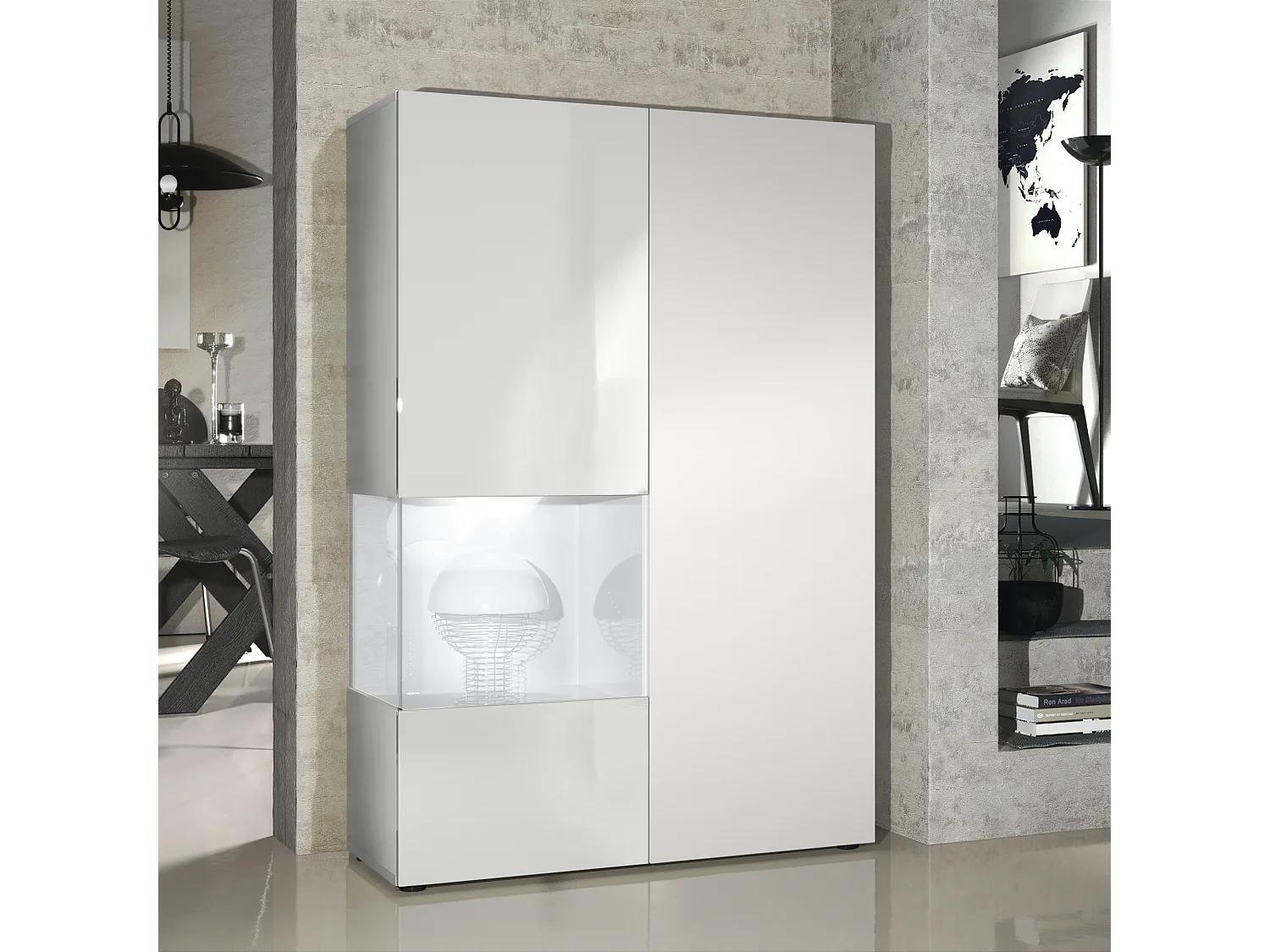 Armadio espositivo alto Morena, struttura in bianco opaco / anta destra e inserto in bianco opaco con illuminazione a LED