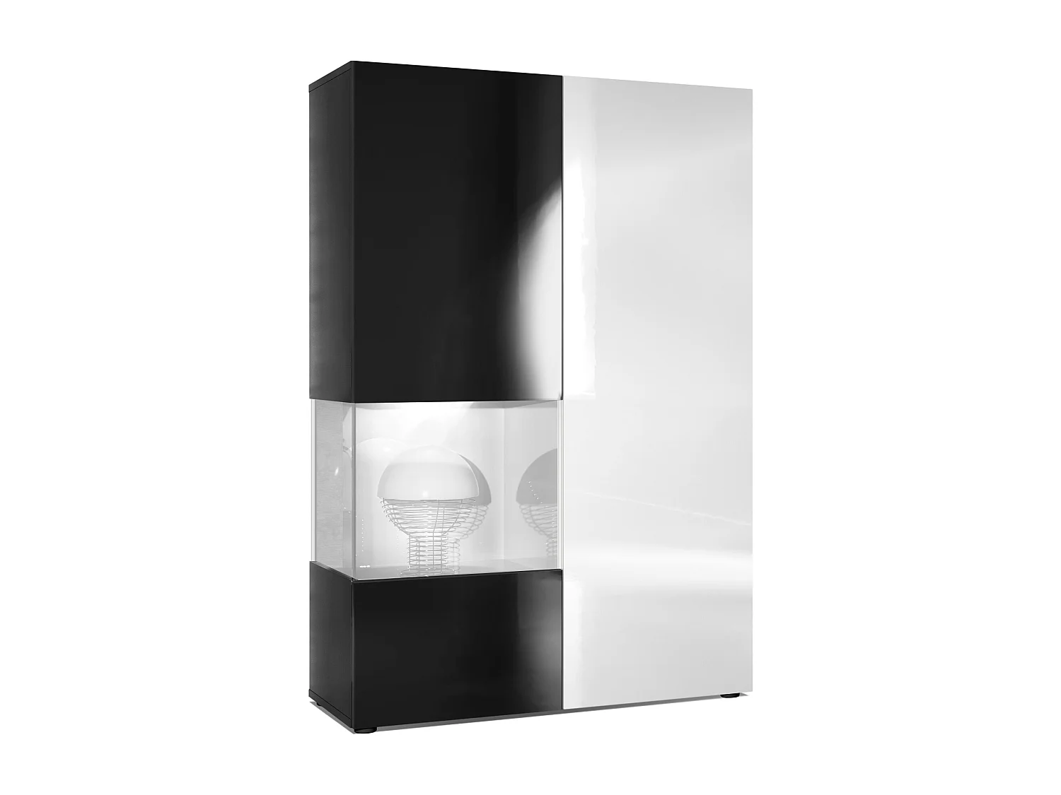 Vitrine Armoire Morena, Corps en Noir mat / Porte droite et insert en Blanc haute brillance avec éclairage LED