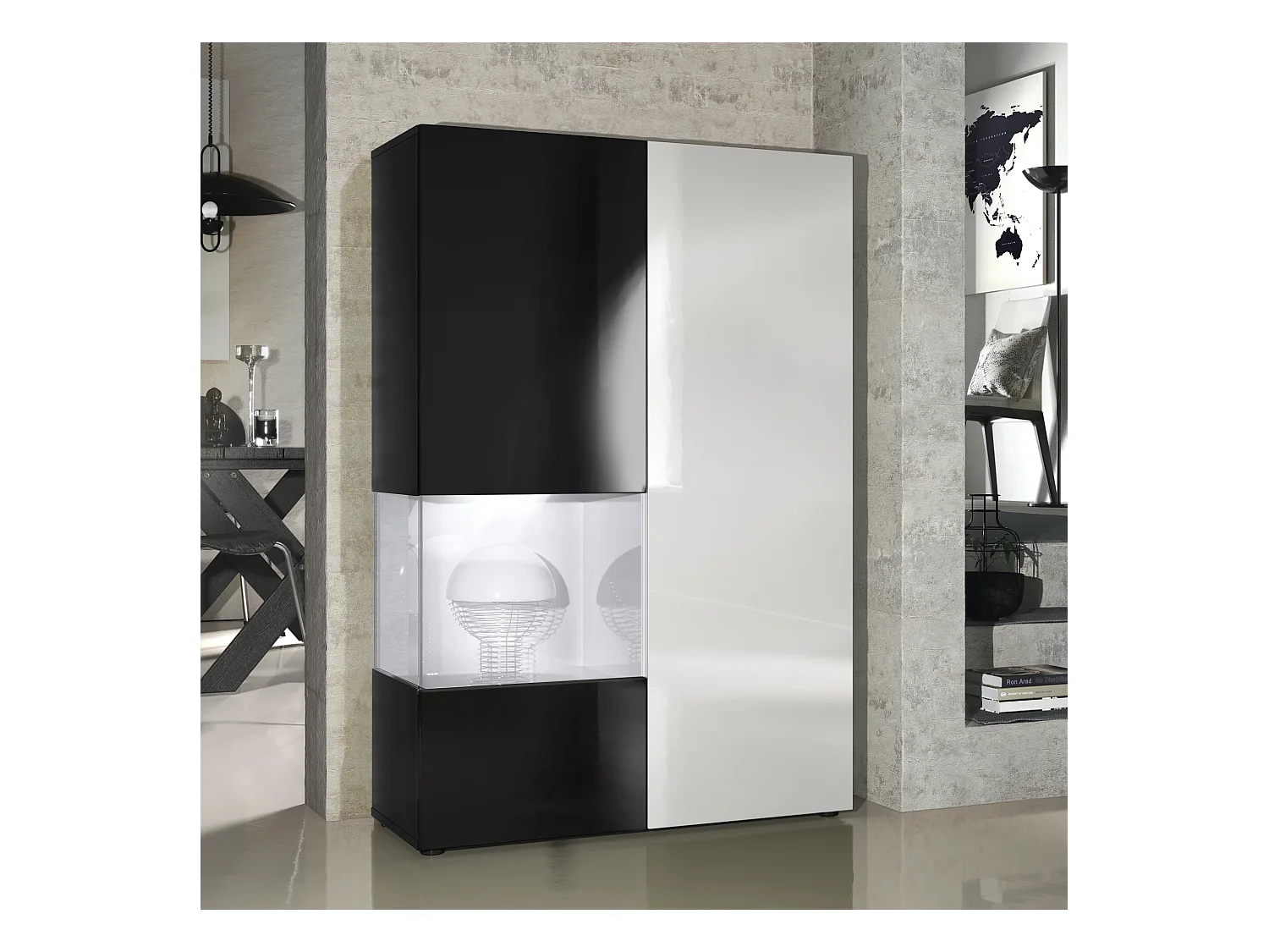 Vitrine Armoire Morena, Corps en Noir mat / Porte droite et insert en Blanc haute brillance avec éclairage LED