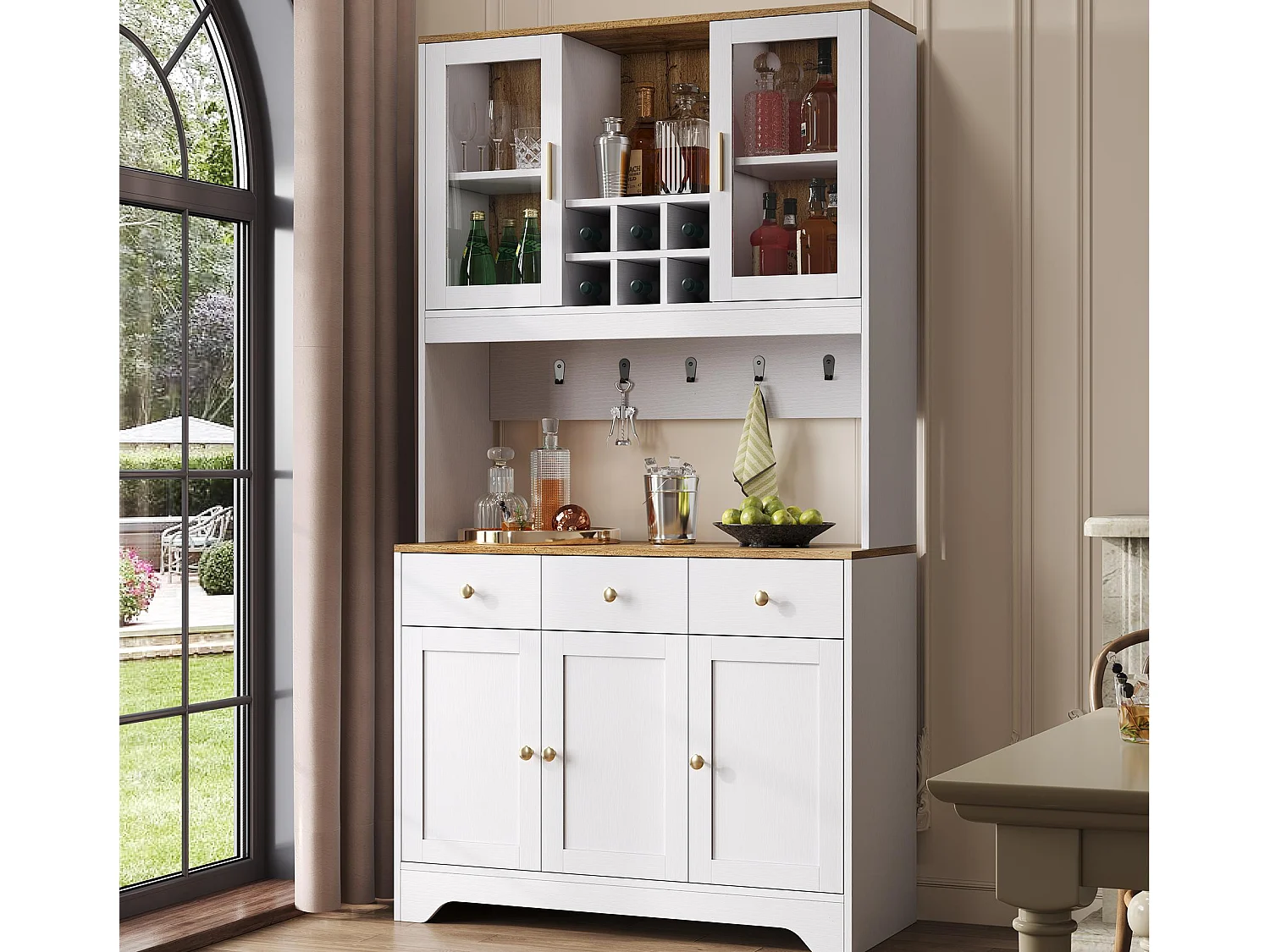 Vitrine 94.5x30x175.5 cm - 3 lades en 5 deuren - houten look blad - wit