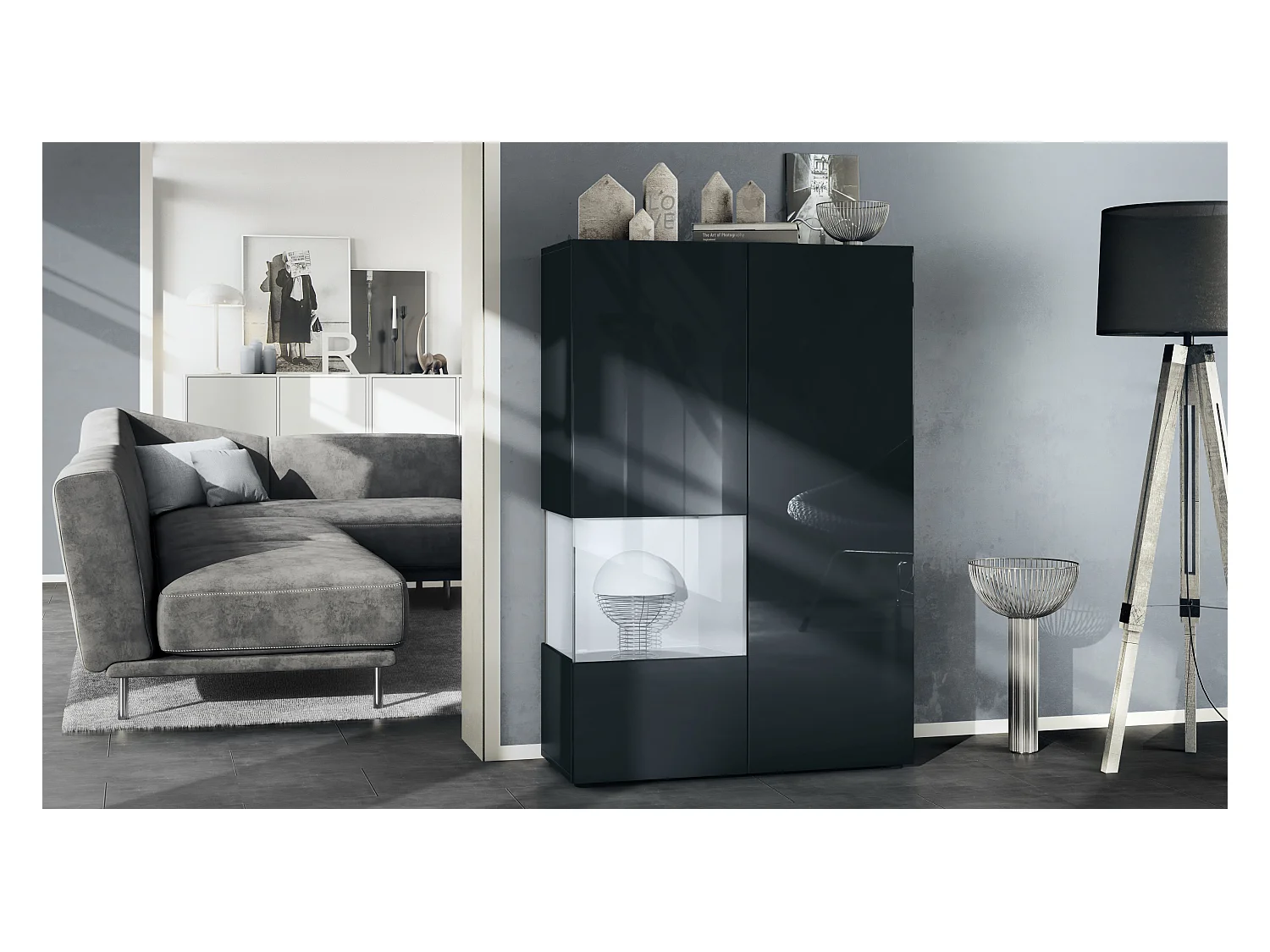 Vitrine Morena V2, vitrine sur pied avec 2 portes et insert en verre, corps noir mat, façades noir haute brillance, Cube blanc mat
