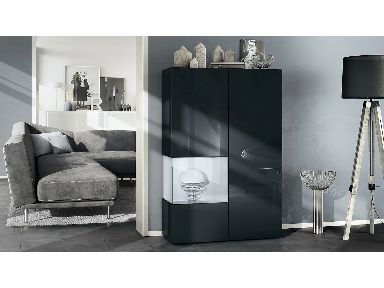 Vetrina Vladon Morena V2, vetrina a pavimento con 2 ante e inserto in vetro, mobile nero opaco, frontali nero lucido, cubo bianco opaco  (91,5 x 136,5 x 37 cm)