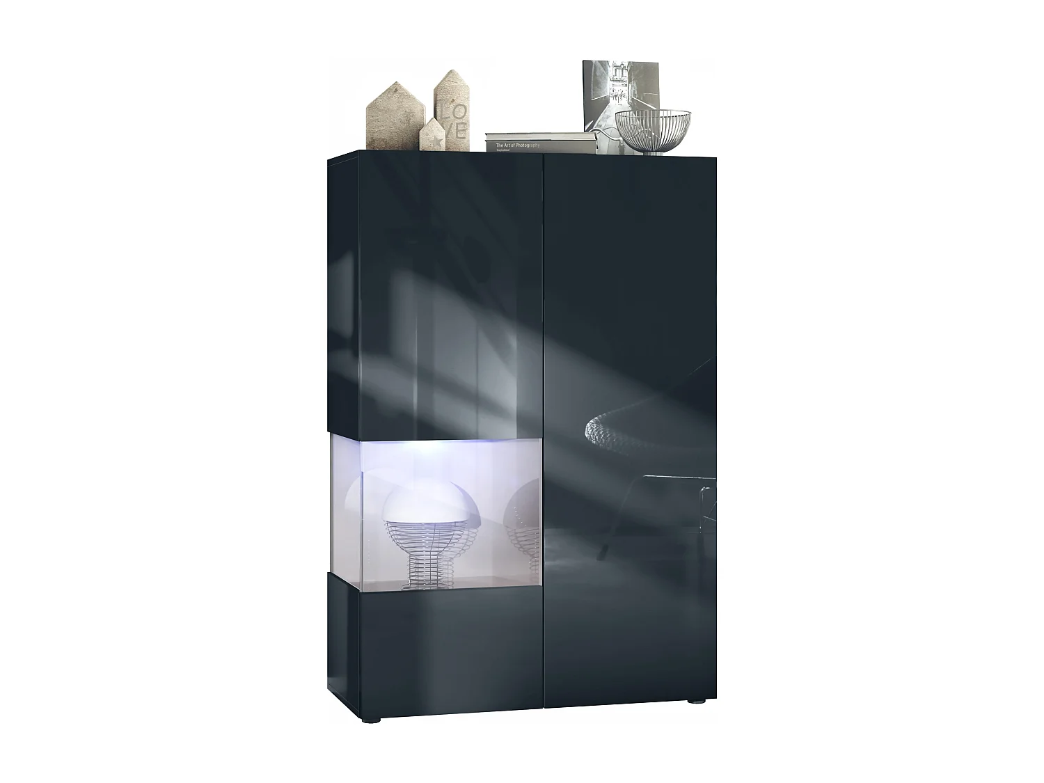 Vitrine Morena V2, vitrine sur pied avec 2 portes et insert en verre, corps noir mat, façades noir brillant, Cube gris sable brillant avec éclairage LED blanc