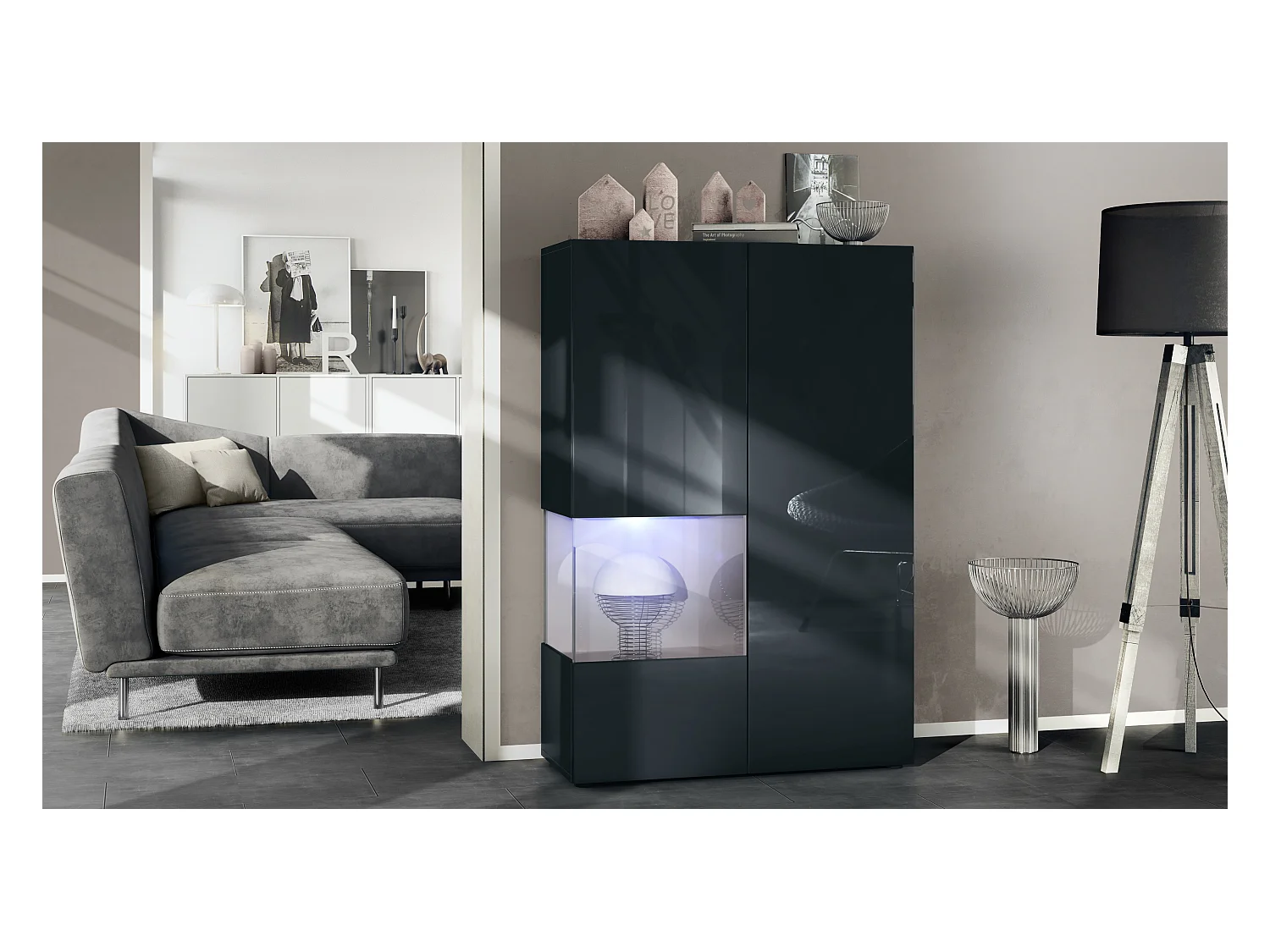 Vitrine Morena V2, vitrine sur pied avec 2 portes et insert en verre, corps noir mat, façades noir brillant, Cube gris sable brillant avec éclairage LED blanc