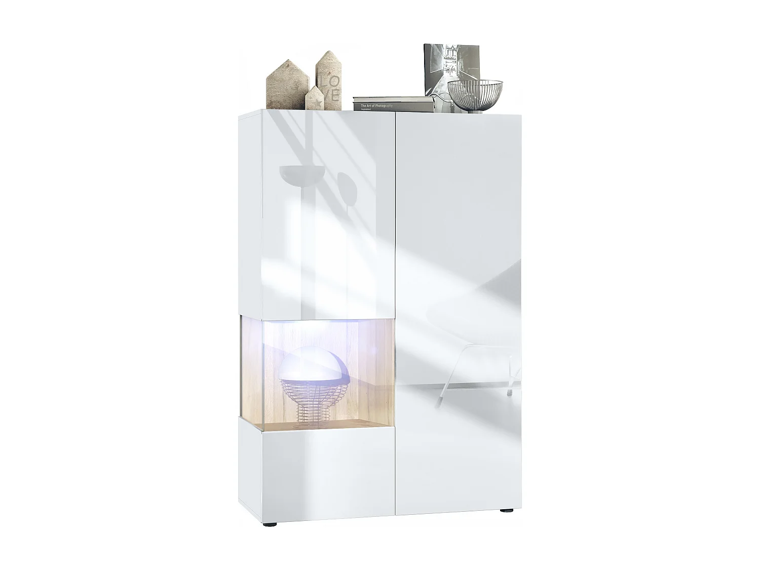Vitrine Morena V2, vitrine sur pied avec 2 portes et insert en verre, corps blanc mat, façades Blanc brillant, Cube chêne nature avec éclairage LED blanc