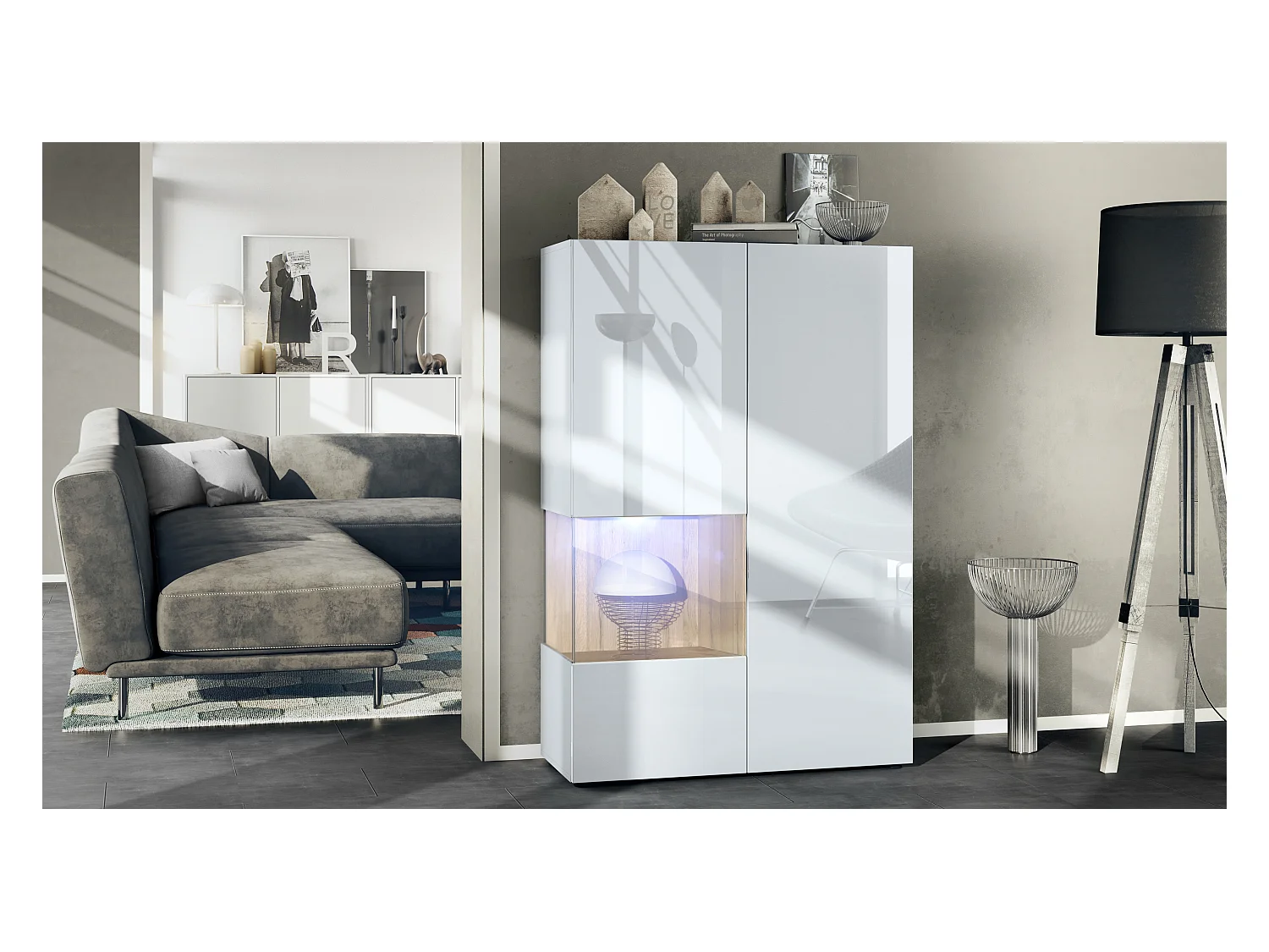Vitrine Morena V2, vitrine sur pied avec 2 portes et insert en verre, corps blanc mat, façades Blanc brillant, Cube chêne nature avec éclairage LED blanc