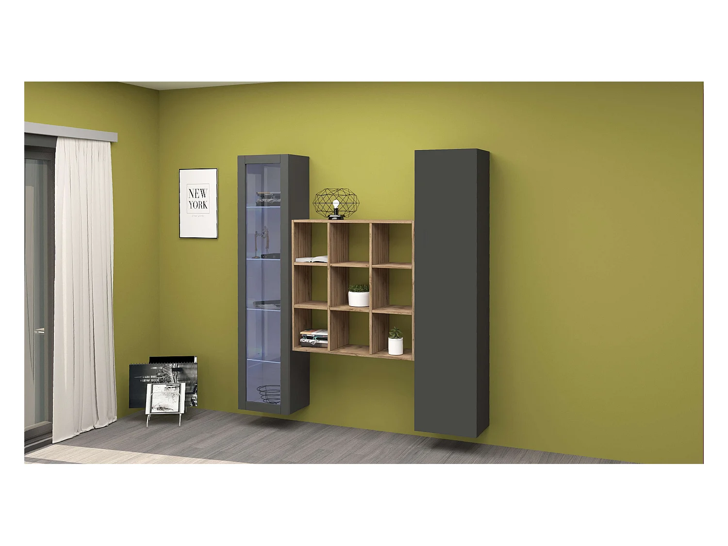 Tilla RT estantería moderna de pared suspendida con vitrina negra