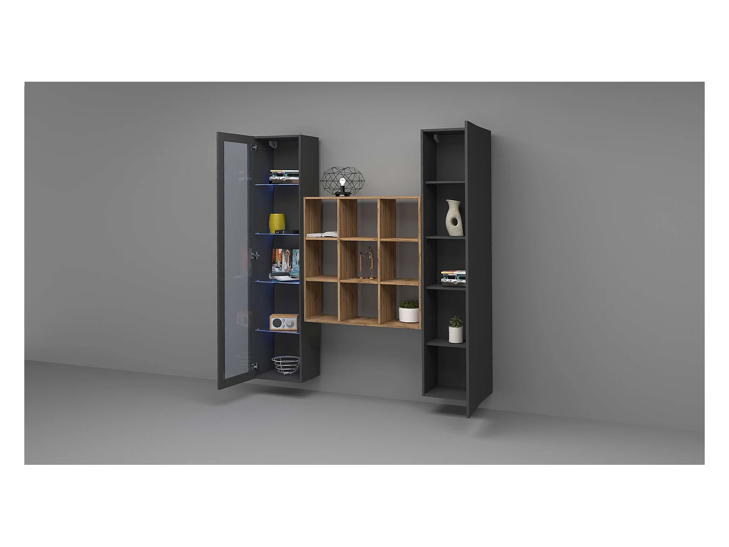 Tilla RT estantería moderna de pared suspendida con vitrina negra