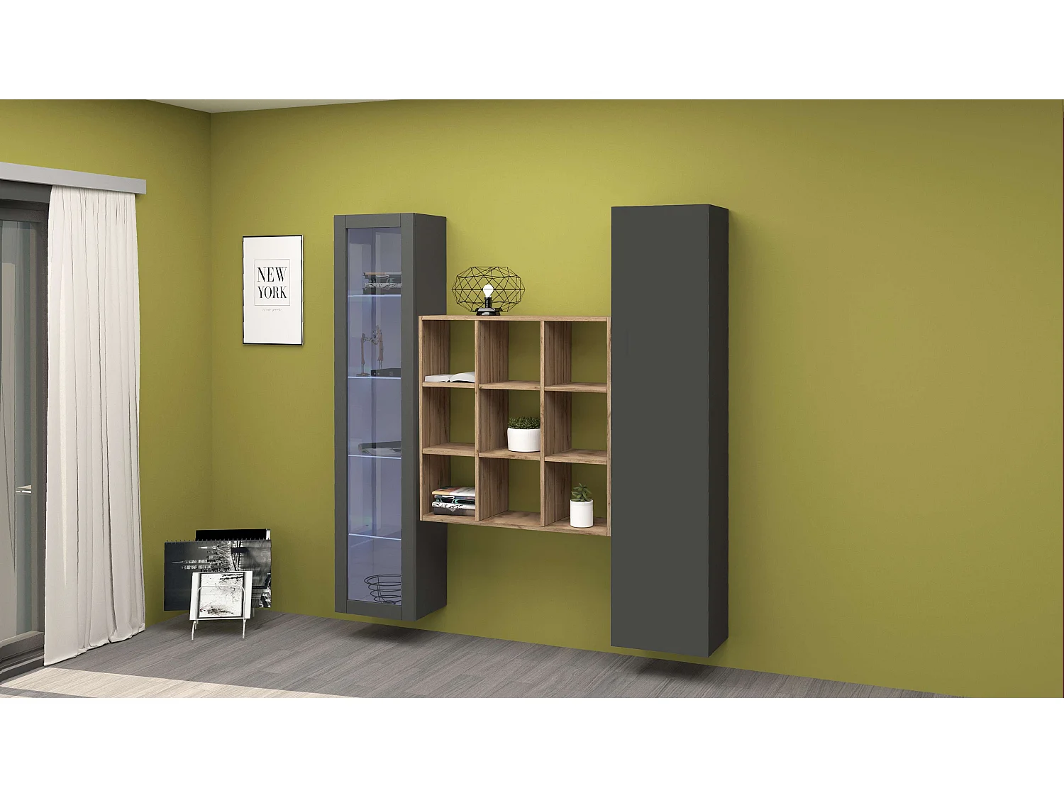 Tilla RT estantería moderna de pared suspendida con vitrina negra