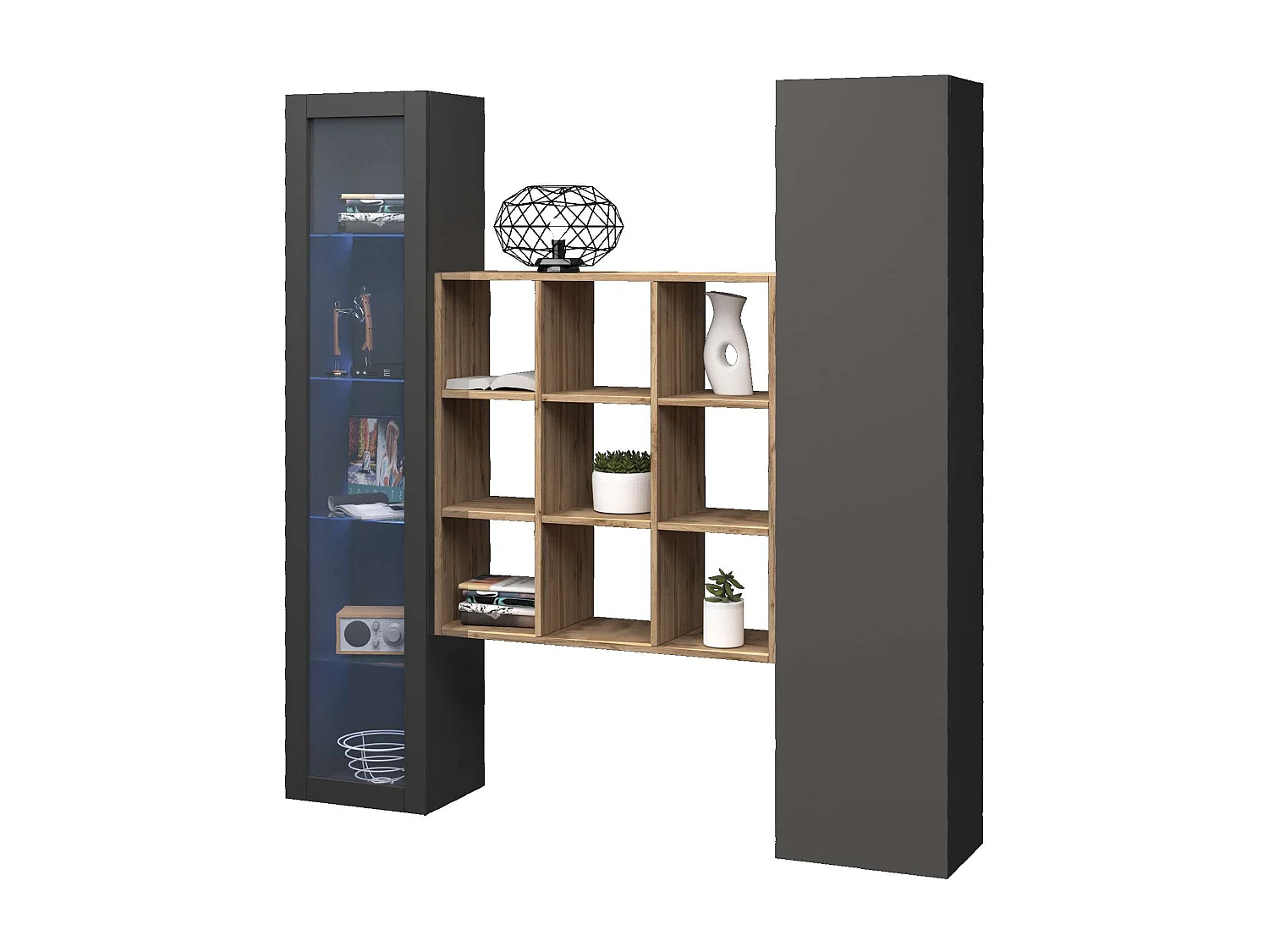 Parete attrezzata sospesa moderna armadio libreria vetrina antracite Tilla RT