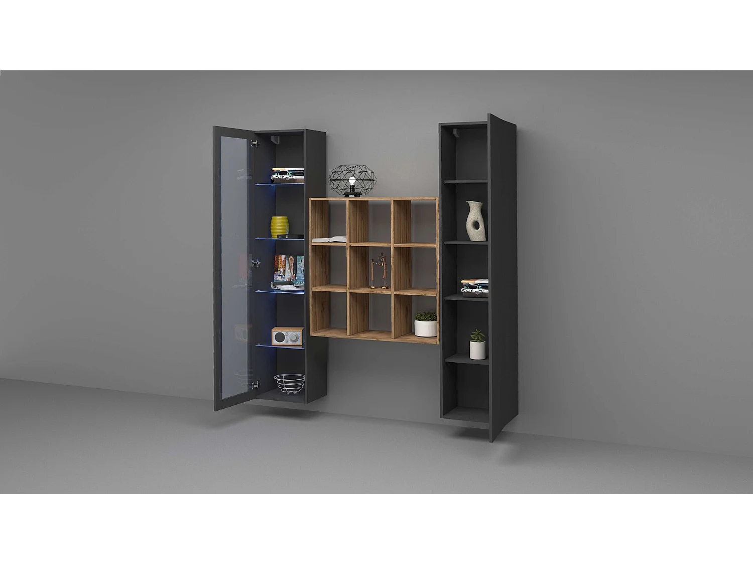 Parete attrezzata sospesa moderna armadio libreria vetrina antracite Tilla RT