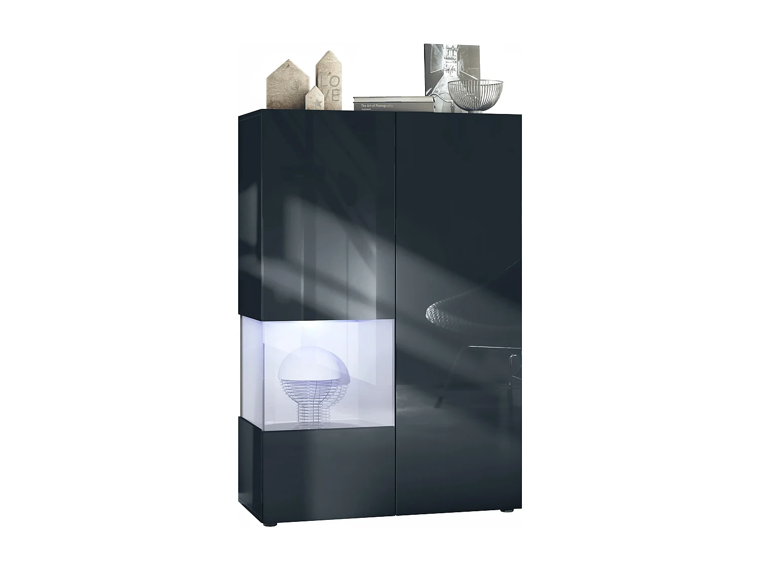Vitrine Morena V2, vitrine sur pied avec 2 portes et insert en verre, corps noir mat, façades noir haute brillance, Cube blanc mat avec éclairage LED blanc