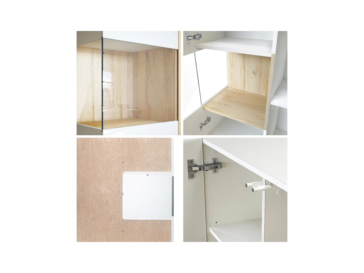 Vitrine Morena V2, vitrine sur pied avec 2 portes et insert en verre, corps noir mat, façades noir haute brillance, Cube blanc mat avec éclairage LED blanc
