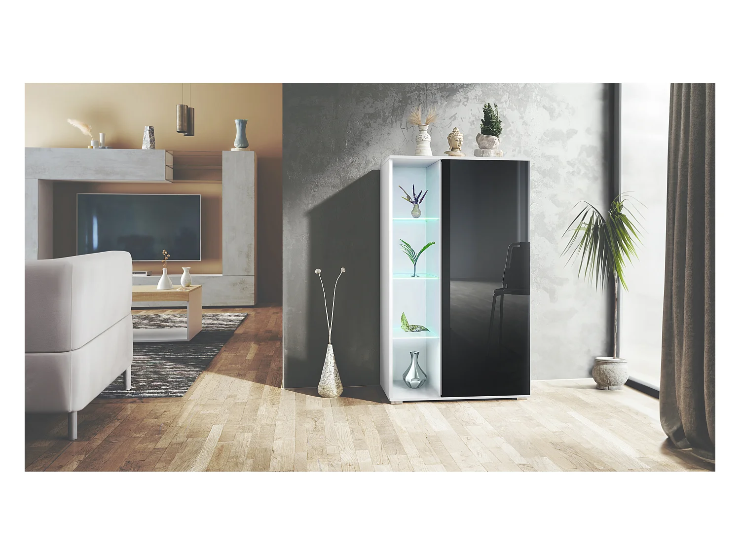 Vetrina Davos, vetrina indipendente con 3 ripiani in vetro e 8 vani incl. LED, bianco opaco/nero lucido  (71,5 x 134 x 35 cm)