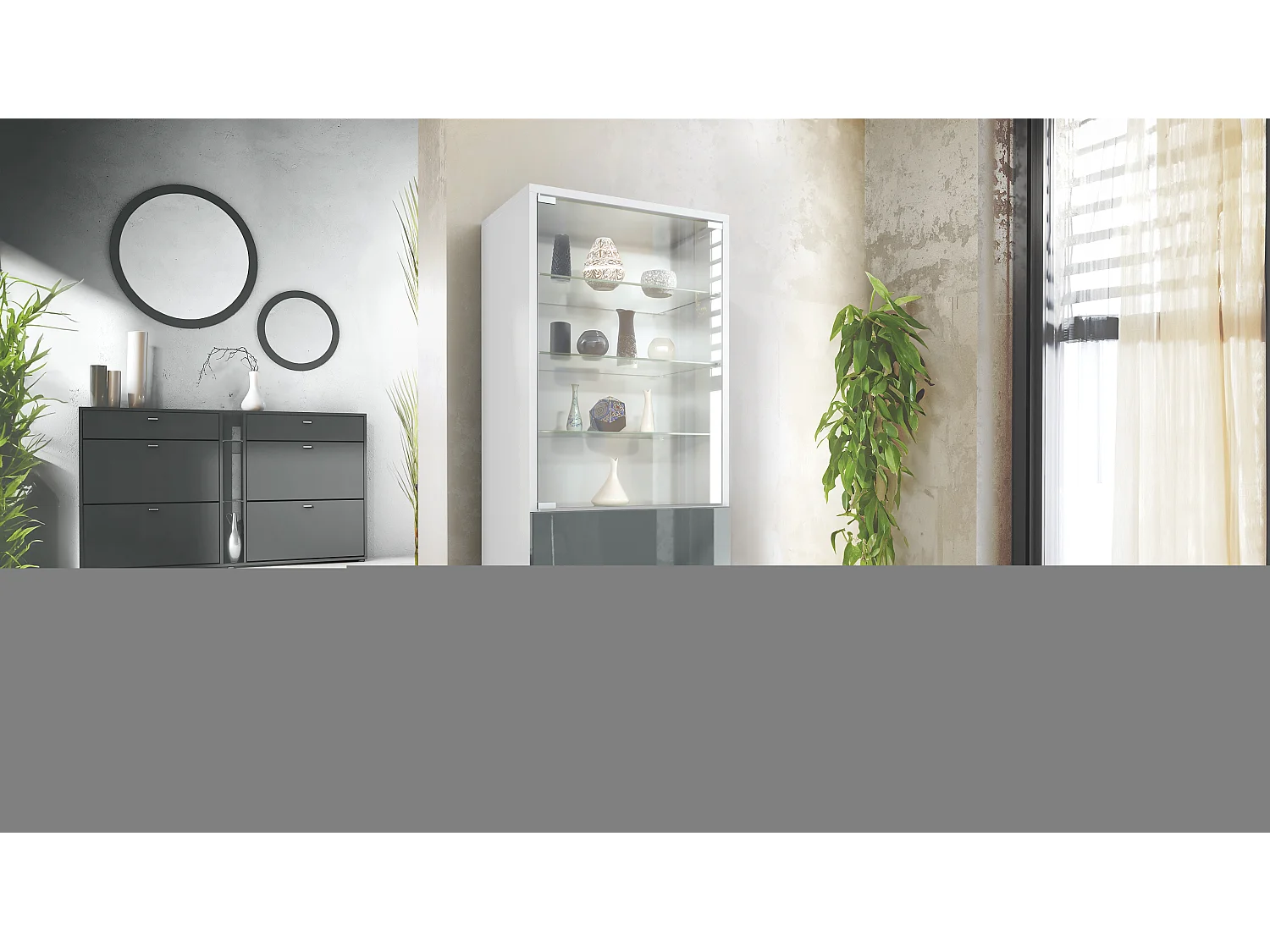 Vetrina Granada, Armadio Vetrina Made in Germany con Porta in Vetro e Inserto in Vetro, bianco opaco/grigio lucido (50 x 122,5 x 34,5 cm)