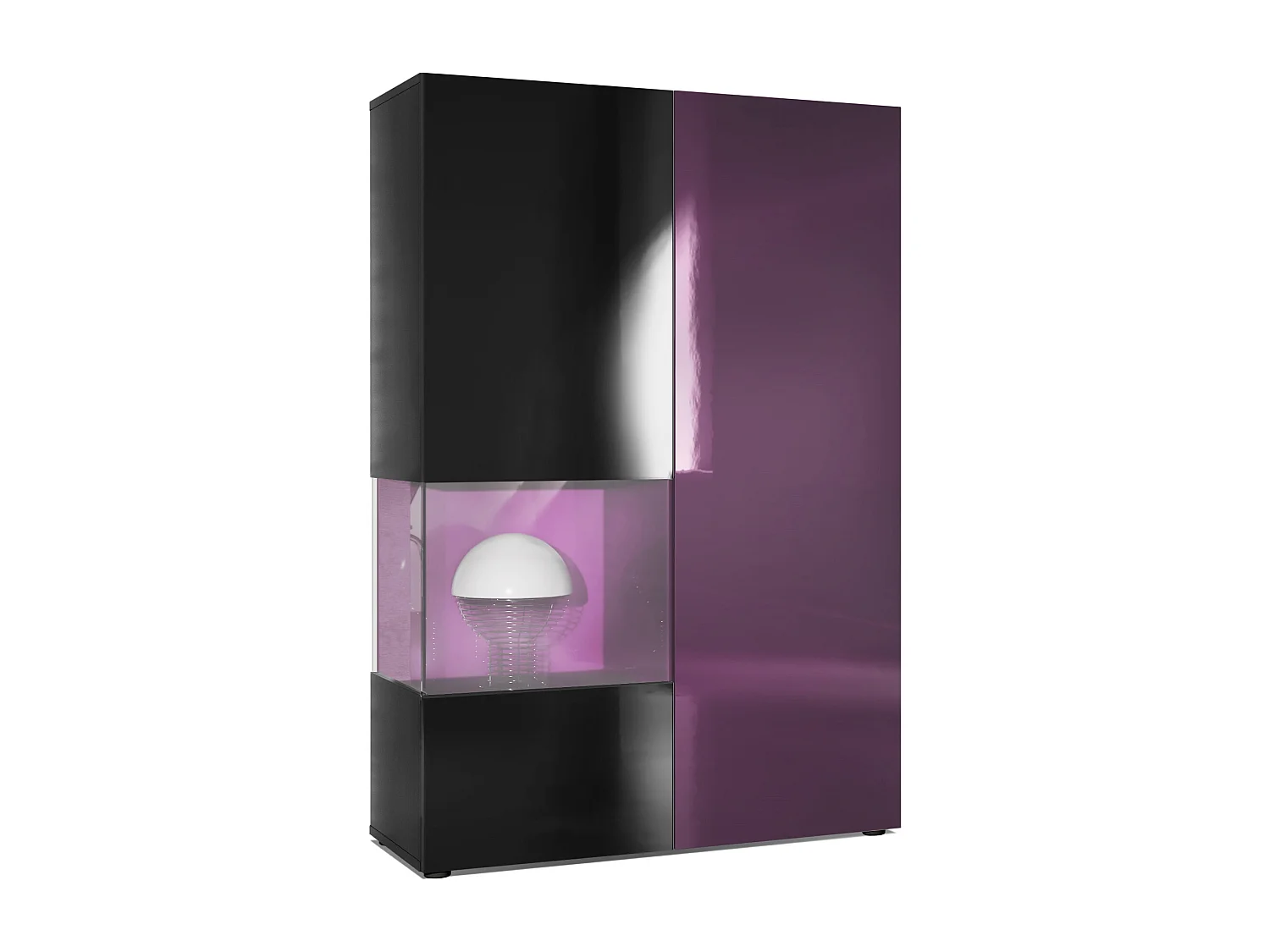 Vitrine Armoire Morena, Corps en Noir mat / Porte droite et insert en Mûre haute brillance