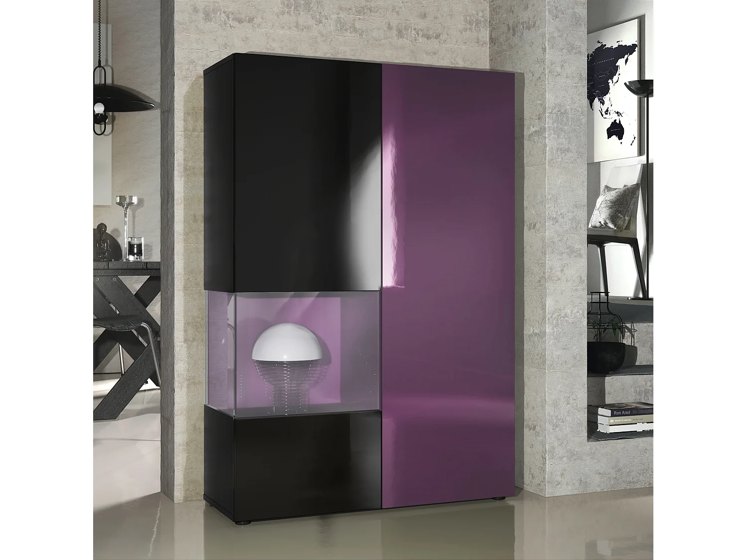 Vitrine Armoire Morena, Corps en Noir mat / Porte droite et insert en Mûre haute brillance