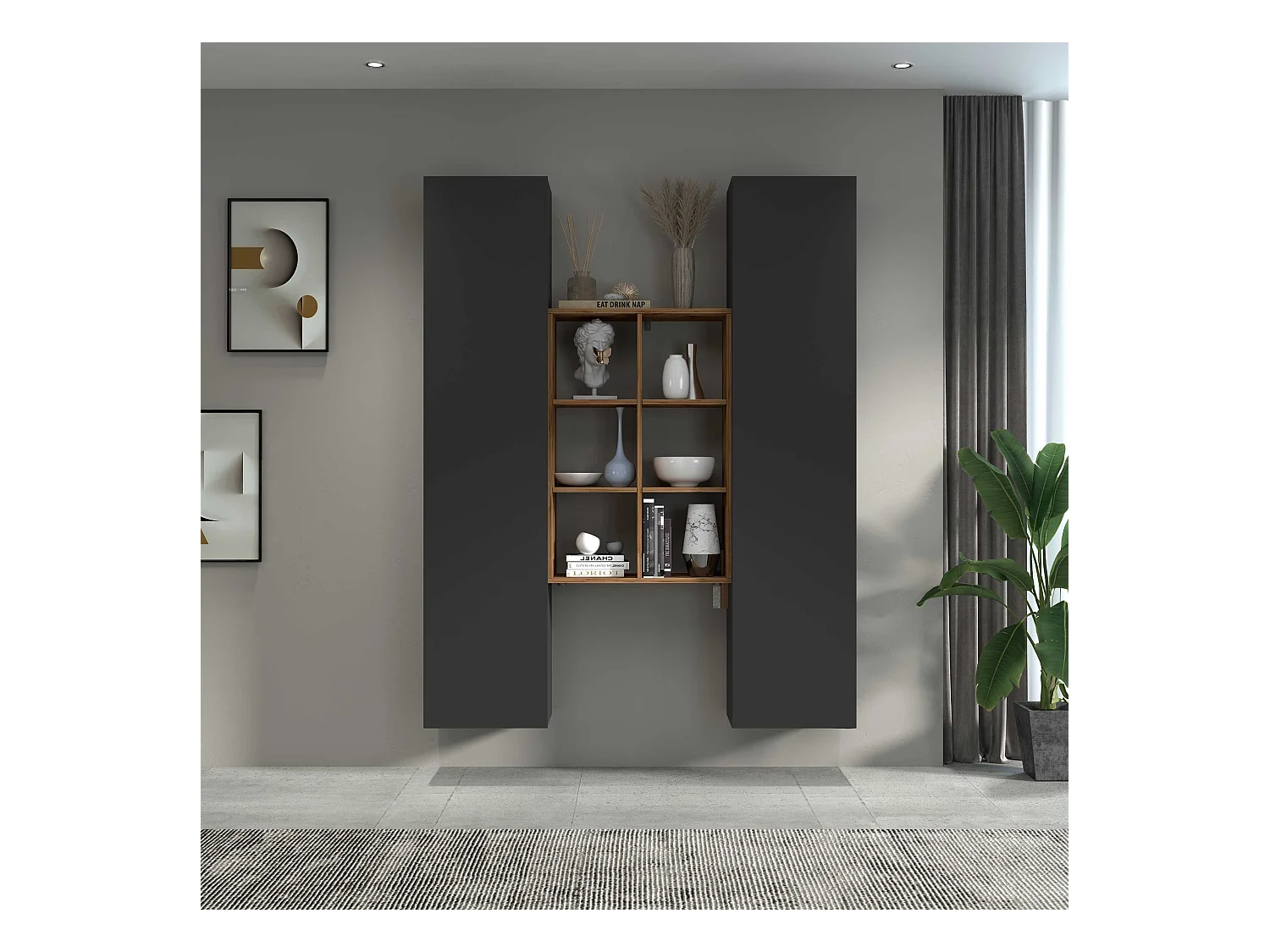 Set soggiorno Maruska con libreria e 2 colonne antracite opaco e rovere 140x30x180 cm