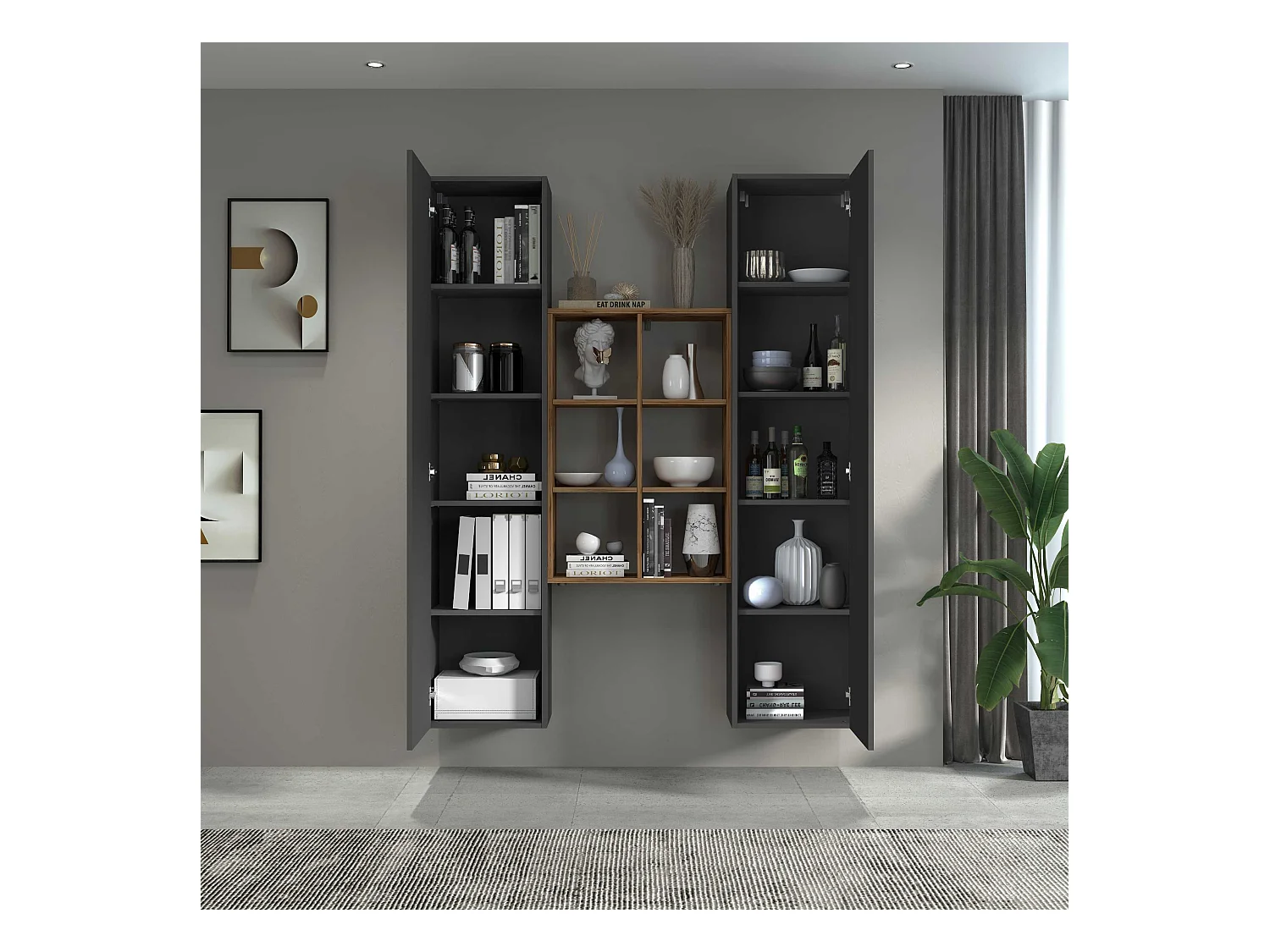 Set soggiorno Maruska con libreria e 2 colonne antracite opaco e rovere 140x30x180 cm
