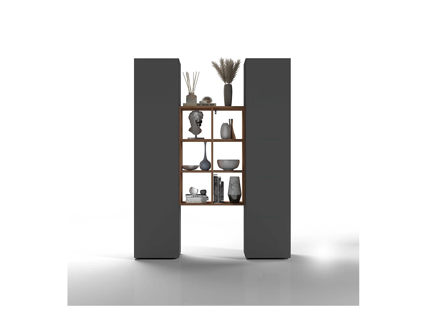 Set soggiorno Maruska con libreria e 2 colonne antracite opaco e rovere 140x30x180 cm