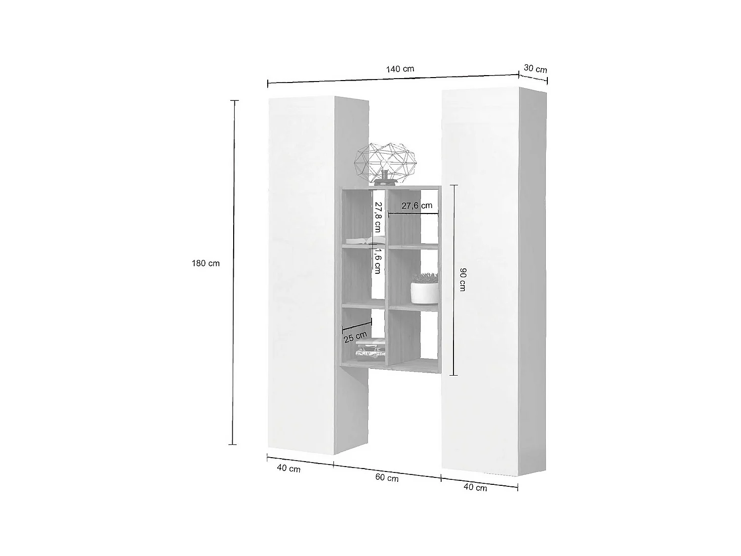 Set soggiorno Maruska con libreria e 2 colonne antracite opaco e rovere 140x30x180 cm