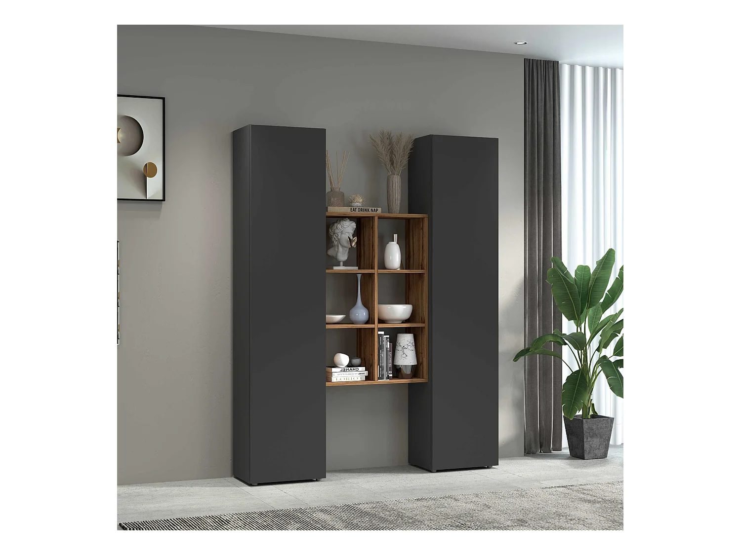 Set soggiorno Maruska con libreria e 2 colonne antracite opaco e rovere 140x30x180 cm