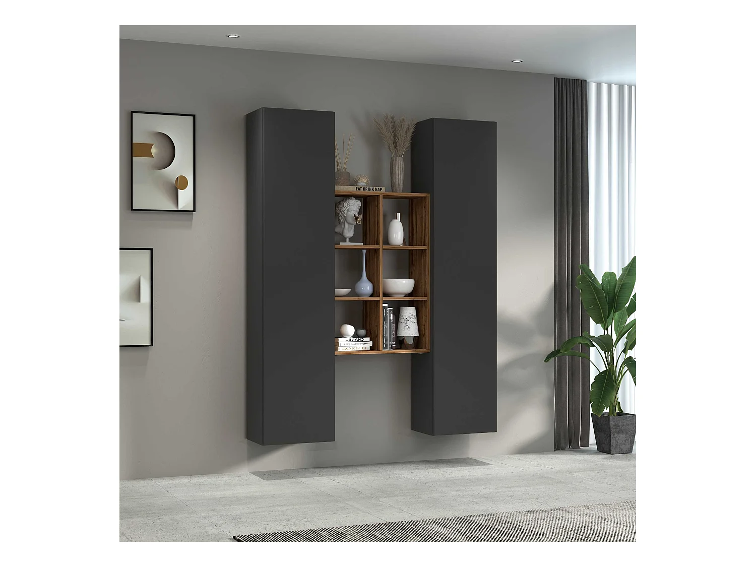Set soggiorno Maruska con libreria e 2 colonne antracite opaco e rovere 140x30x180 cm