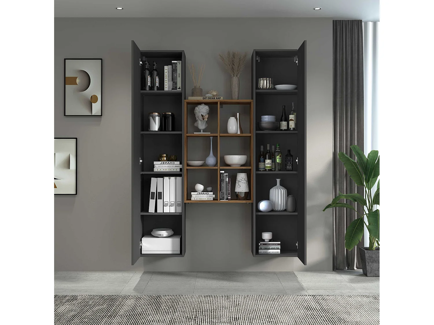 Bibliothèque moderne en bois 2 armoires colonnes salon Gemy RT