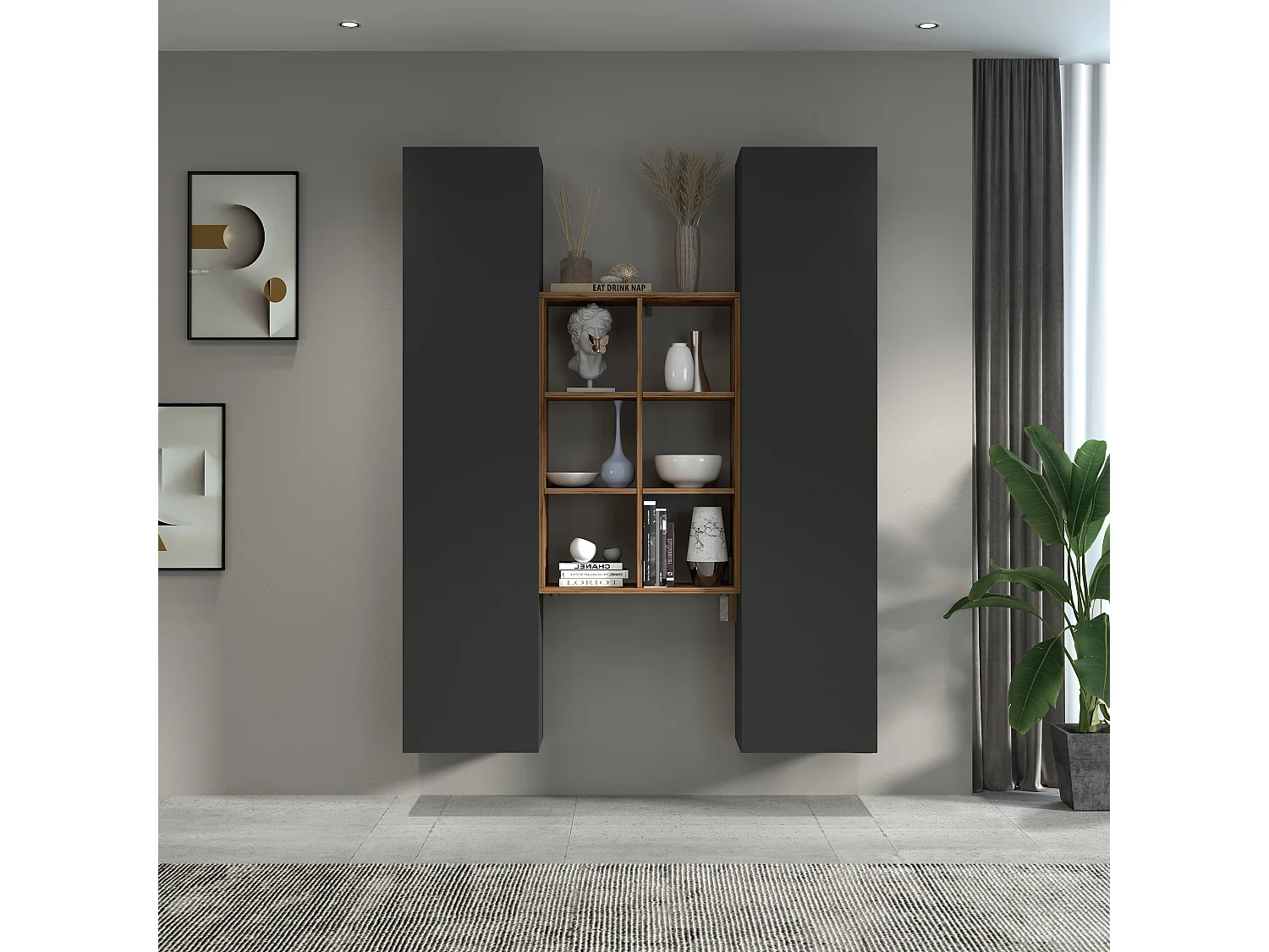 Painel de TV de parede Gemy WH com estante branca e 6 prateleiras