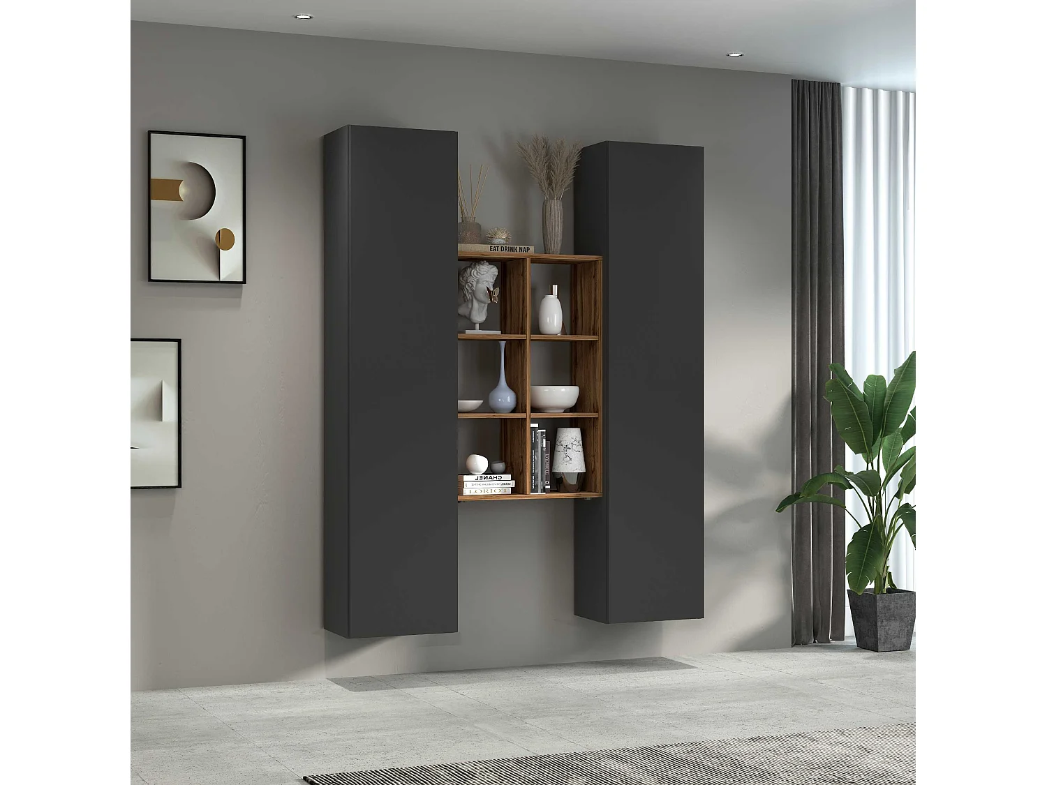 Painel de TV de parede Gemy WH com estante branca e 6 prateleiras