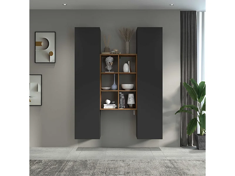 Set soggiorno Maruska con libreria e 2 colonne antracite opaco e rovere 140x30x180 cm