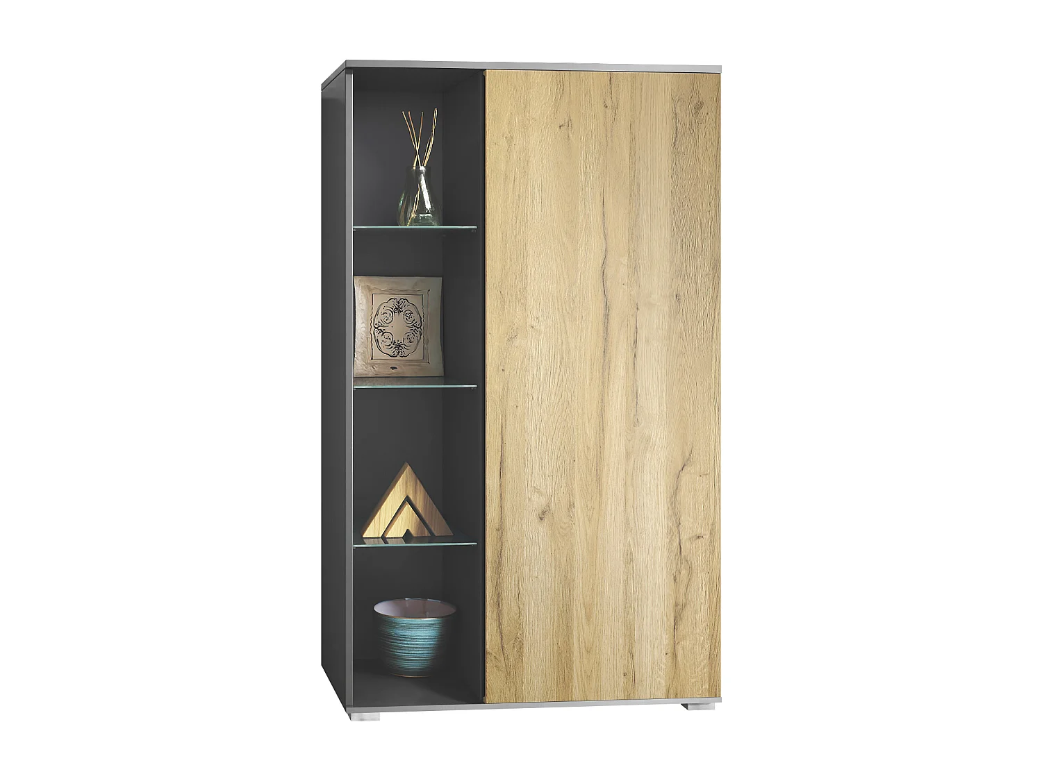 Vitrine Davos, vitrine sur pied avec 3 étagères en verre et 8 compartiments, anthracite mat/chêne nature  (71,5 x 134 x 35 cm)